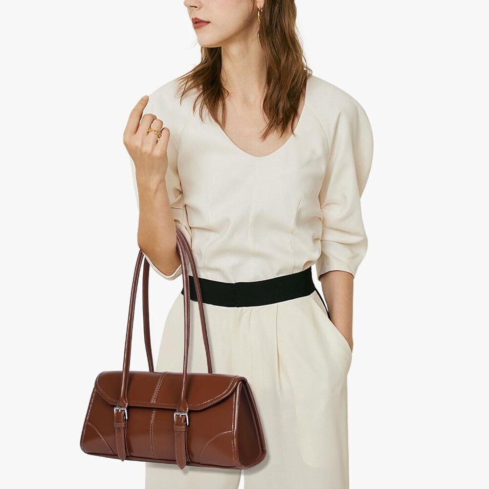 Women's Brown Faux Leather Tote Bag Small Shoulder Handbag Purse - Picture 2 of 6